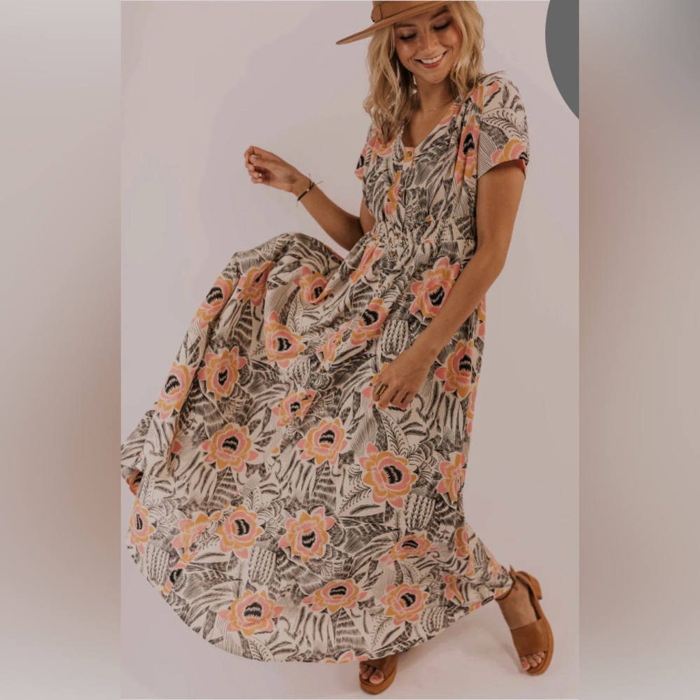 Roolee Vibrant Floral Maxi Dress in Pink and Black